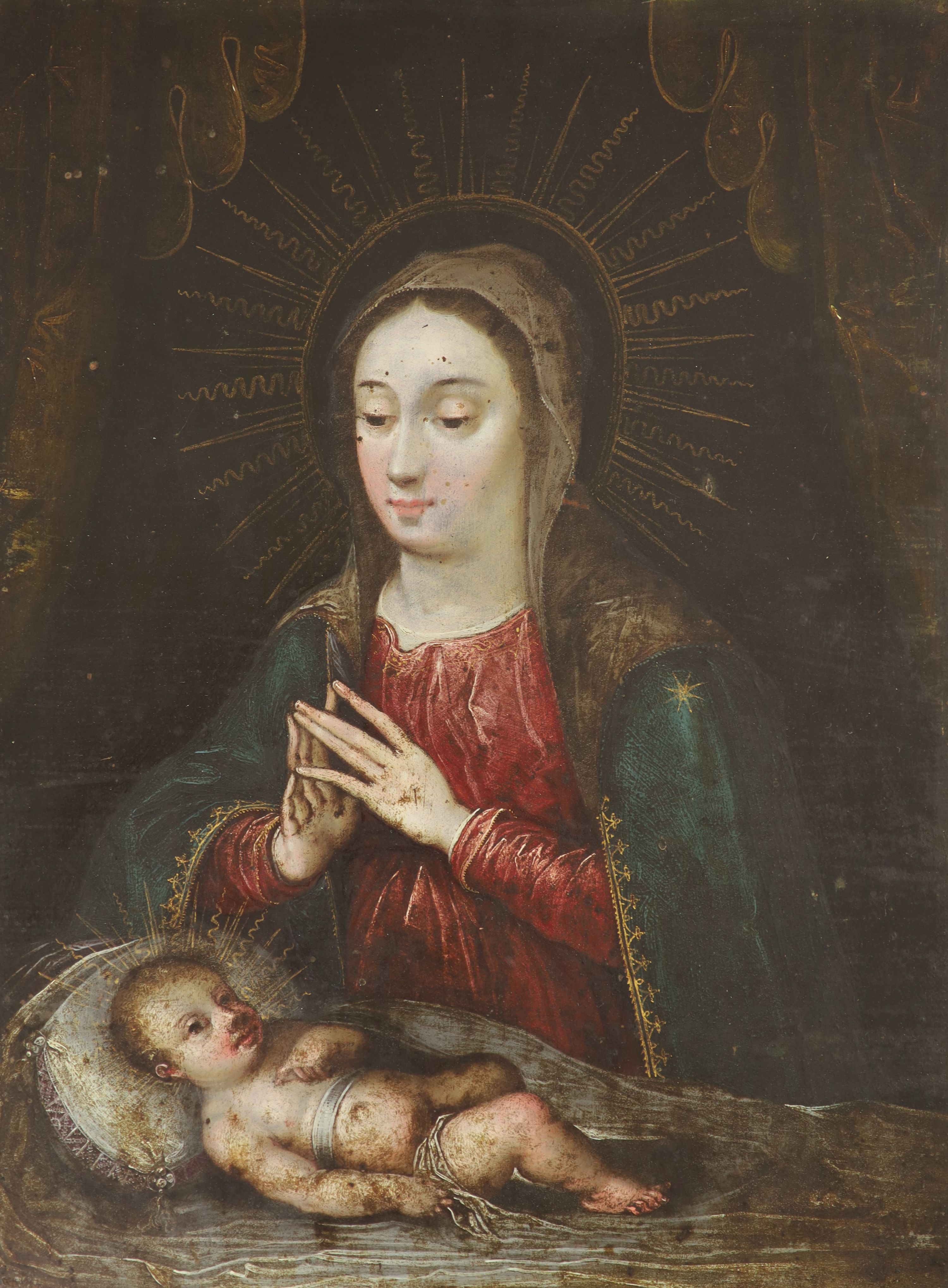 17th Century Spanish School , The Madonna and Child, oil on copper panel, 29 x 22cm, unframed